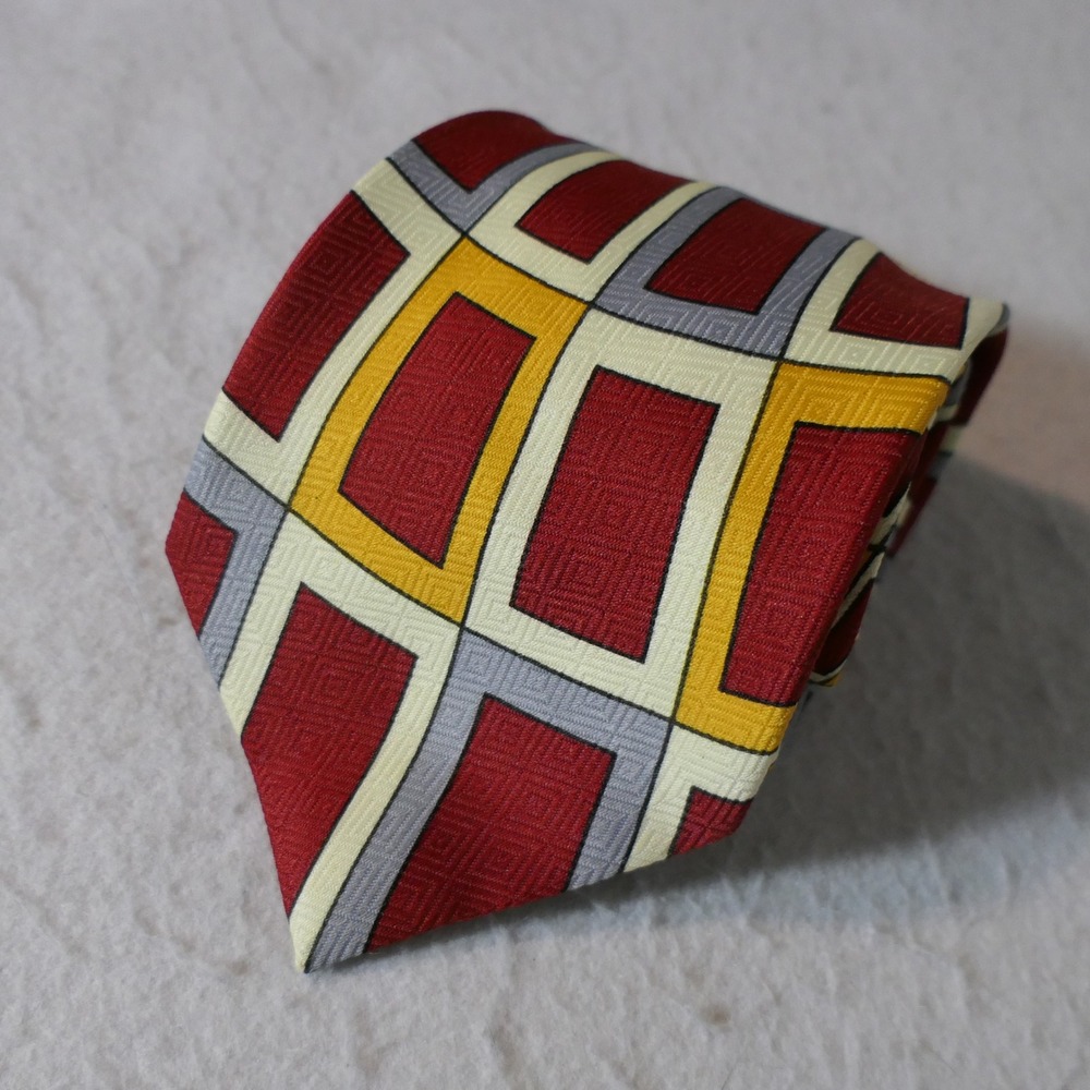 Marco Polo Men Geometric Necktie OS Red Yellow Grey Retro MCM Graphic Bold Dandy